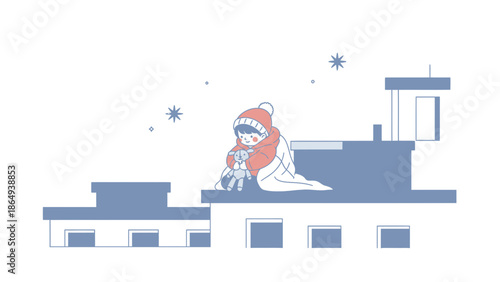 Winter Rooftop Serenity A Child's Peaceful Moment With Plush Toy Under Stars
