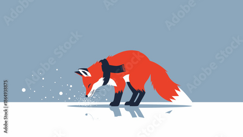 Winter Scene Fox With Scarf Examining Snow Cartoonish Simple Illustration