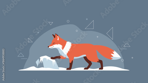 Winter Scene With Cute Fox Exploring Snowy Landscape Art Design