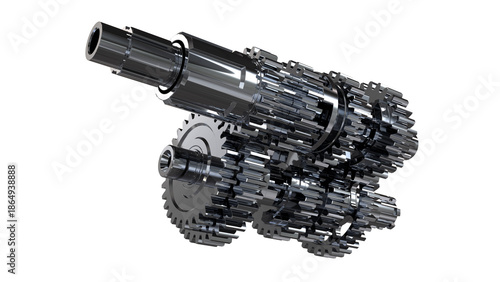 Mechanical gear system, steel transmission gears assembly on white background, 3 D rendering