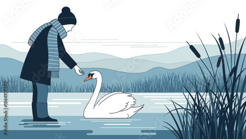 Winter Scene With Swan Kindness Act Person and Wild Nature Serenity Illustration