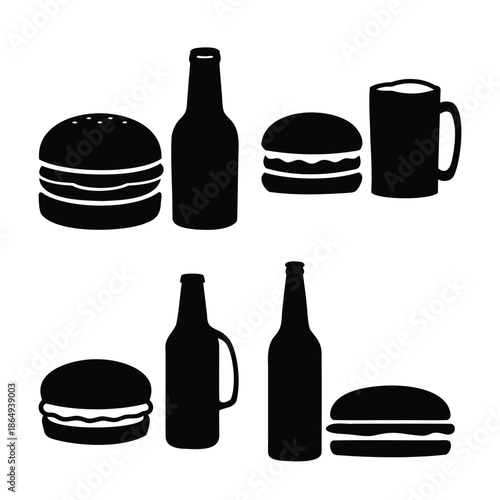 Classic fast food and beverage icons: silhouettes of burgers, beer bottles, and a mug