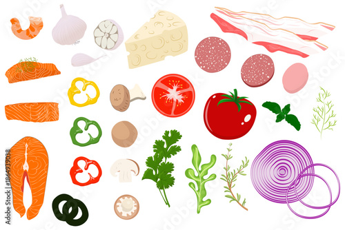 A large collection of flat vector food icons including salmon, cheese, vegetables, meat, and herbs. Isolated kitchen ingredients for recipe design and menu creation.