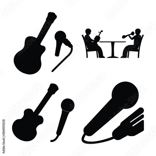 Musical instrument and performance silhouettes representing various audio equipment and live entertainment
