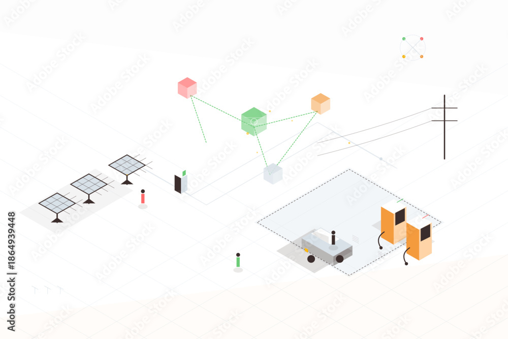 Naklejka premium Solar panels and energy systems in a clean technology setup showing connections and interactions in a modern environment