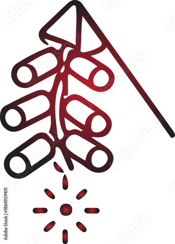 A cluster of red firecrackers suspended by a string, with sparks erupting from the bottom, symbolizing celebration and explosive energy, rendered in a clean, stylized graphic design