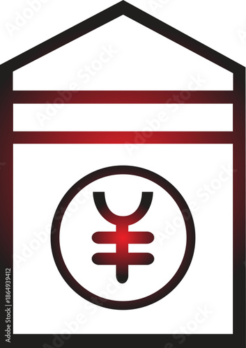 A minimalist graphic illustration featuring a red and black Japanese Yen symbol enclosed within a circular frame, set against a white background, suggesting financial concepts or currency exchange