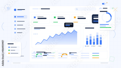 Dashboard shows data trends and analytics with graphs for performance tracking and insights