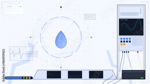 Digital display shows water droplet analysis in a laboratory setting with data visualization and control panel