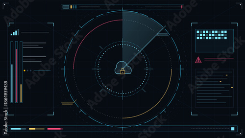 Monitoring data security on a user interface in a digital system with charts and indicators at nighttime