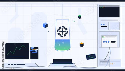 Digital workspace shows data analysis tools and interactive graphics on a screen in a modern lab setting