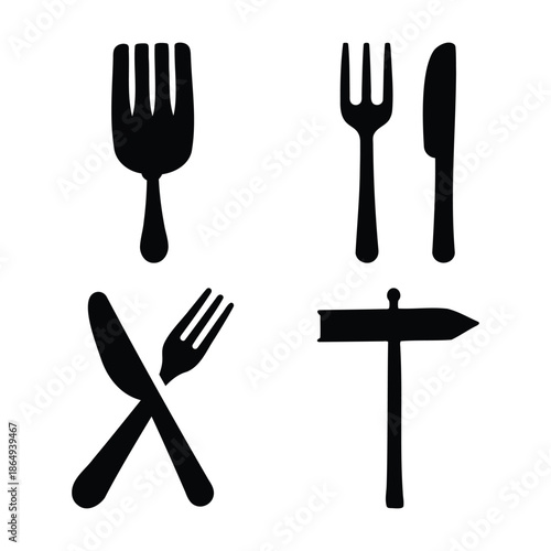 Set of minimalist black silhouette icons featuring eating utensils and a blank signpost