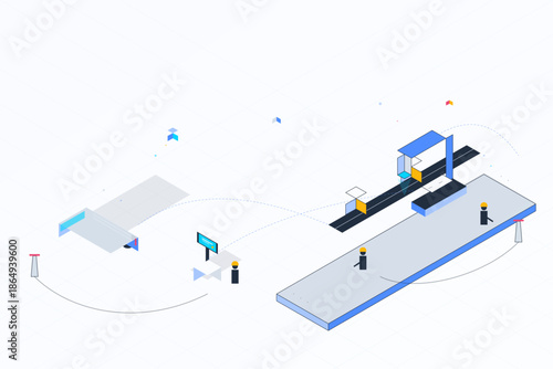 Design of a modern transport station with people moving and digital screens displayed at different times