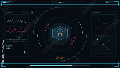 Display shows digital security system with data analysis and monitoring tools in a tech environment during a daytime setup