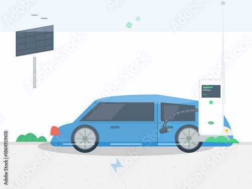 Car charging at electric station during daytime in a city setting with a clear sky and green plants