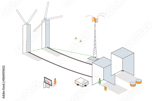 Wind turbines generating energy with workers and vehicles at renewable energy site in daytime