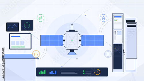 Illustration showing satellite technology with screens and data at a tech workspace in a modern setting during daytime