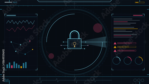 Digital security interface displays padlock graphic and data visuals during system monitoring and analysis session