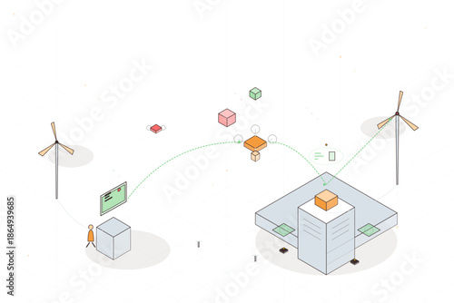 Visual representation of energy exchange between wind turbines and a central building for green power management
