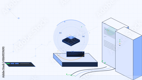 Server and circuit board setup in a technology lab with data visualization on display