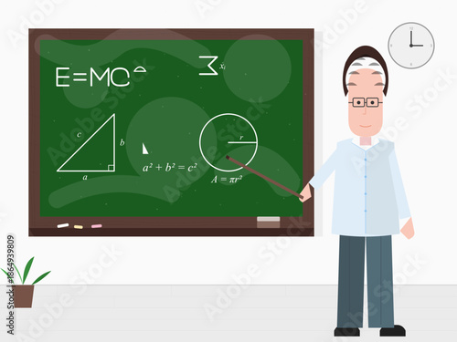 Teacher explains math and science concepts in classroom with chalkboard and educational tools