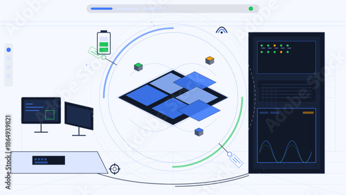 Digital design showing computer screens, data analysis, and graphical elements in a technology setting