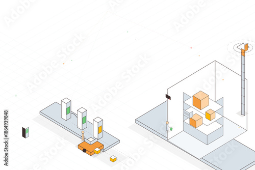 Colorful boxes being organized and placed in a warehouse setting with various structures in view