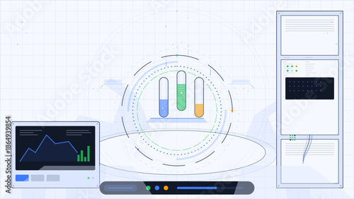 Data analysis tools and graphs with colorful test tubes on a computer screen in a lab setting
