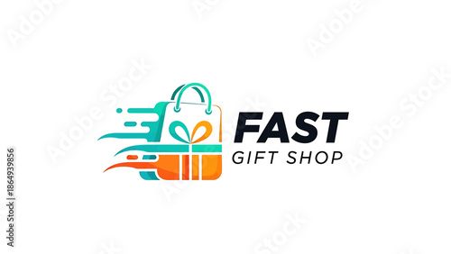 Vibrant logo featuring a fast-moving shopping bag, symbolizing express gift delivery and quick retail service, perfect for modern online present solutions