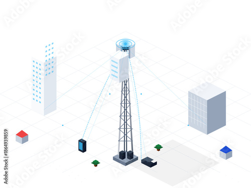 Tower connects buildings through technology in a city during daytime with blue sky and modern structures