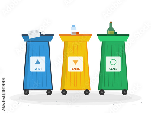Three recycling bins for paper, plastic, and glass located in an urban area for waste management activity