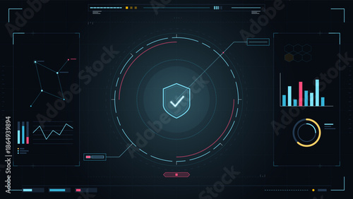 Digital security interface displaying data metrics and status updates in a modern workspace environment