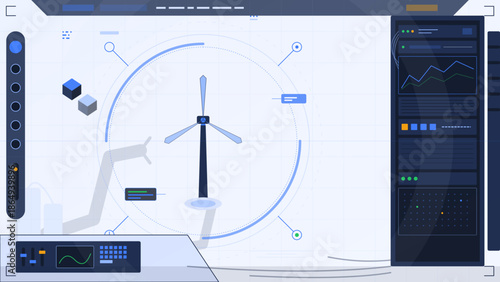 Visualization of a wind turbine with data analytics on a digital interface in a tech workspace setting