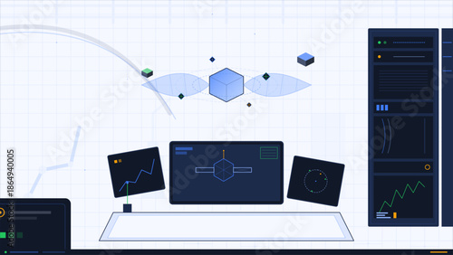 Computer setup with data charts and exploring shapes in a digital workspace during daytime