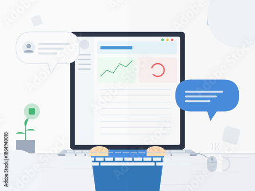 Working on a computer with charts and messages on the screen during a busy day at home