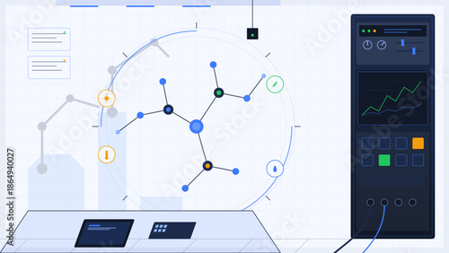 Visualization of data in a modern workspace with nodes and graphs displayed on a screen