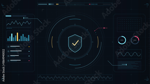 Security system dashboard displays data analysis and monitoring features for network protection in a technology setting
