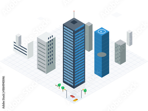 Tall building surrounded by smaller buildings in a city space with trees and cars on the street below