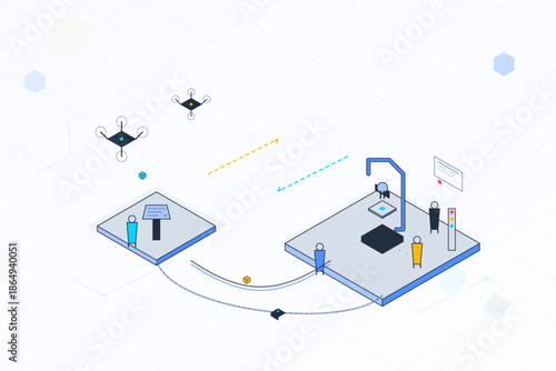 Display of drone technology at an innovation event in a modern exhibition space with people engaging in discussions