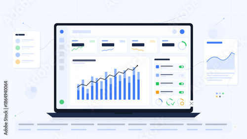 Data analysis dashboard shows charts and graphs for business insights during work hours