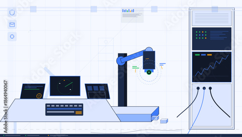 Control room setup for monitoring and analysis of data and systems with digital displays and measurement tools