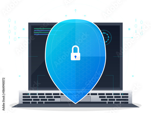 Secure technology protects data on computer screen with digital lock symbol during modern online activities in a tech environment