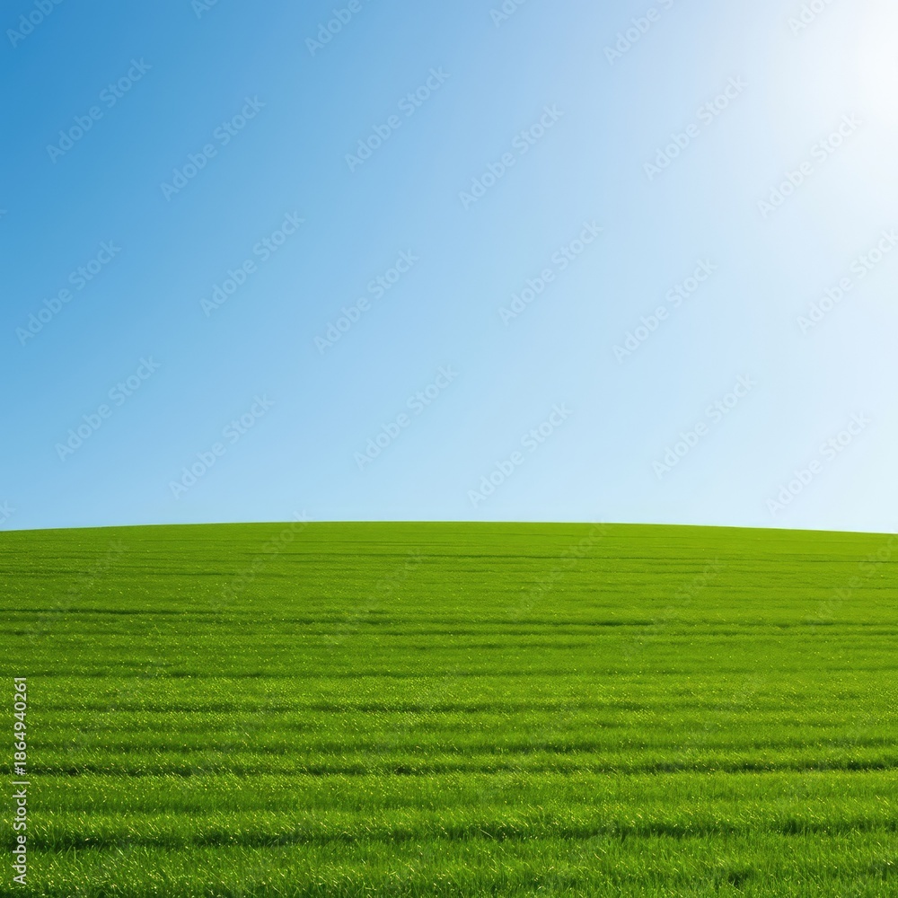 Obraz premium A peaceful, lush green grassy hill slopes gently upwards toward a bright, clear blue sky during a warm, sunny afternoon in the countryside ,day ,rolling ,open