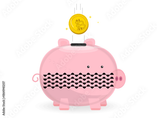Piggy bank with bitcoin coin falling into slot during a digital finance concept display in a bright, simple design