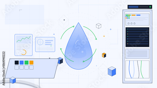 Design elements showing a water droplet and data graphics in a digital workspace