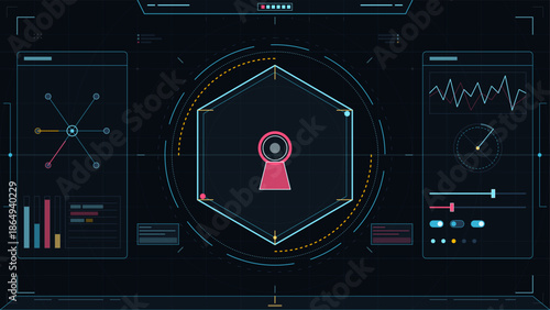 Data visualization showing a security key in a digital interface with graphs and charts in a software setting