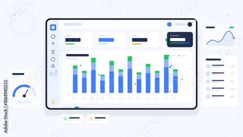 Statistics and data analysis on digital screen showing performance over time with various charts and graphs