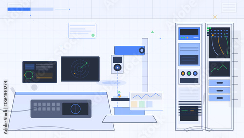 Digital workspace with multiple screens showing data analysis and monitoring tasks in a modern office environment