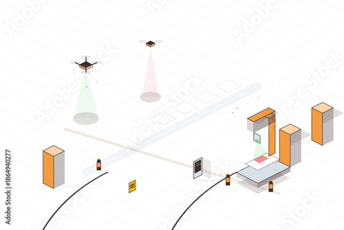 Drone technology used in automated package delivery at a distribution center during daytime hours