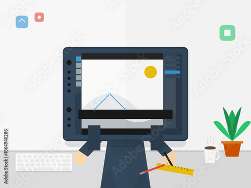 Creative person using digital tools to design a graphic on a modern computer at a workstation in a bright space